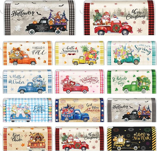 12 Pcs Seasonal Mailbox Covers Magnetic Standard Size 18 x 21 Inch Halloween Thanksgiving Winter Christmas Magnetic Mailbox Covers for Garden Yard Outdoor Decor