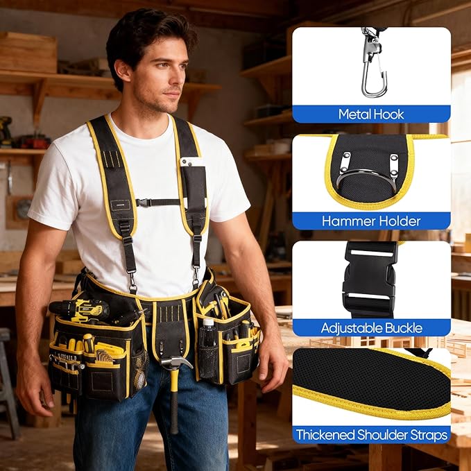 Tool Belts for Men, Tool Belt Suspenders, Heavy Duty Tool Belts with 28 Pockets, Magnetic Tool Belt with Suspenders for Carpenters Electricians Framers, 32''-66'' Adjustable Waist