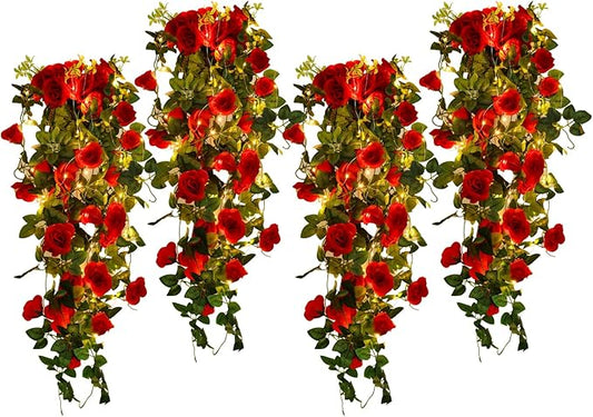 RECUTMS Hanging Rose Flowers Artificial Vines for Outdoors with 30 LED Fairy String Lights Indoor Home Garden Wall Wedding (Red)