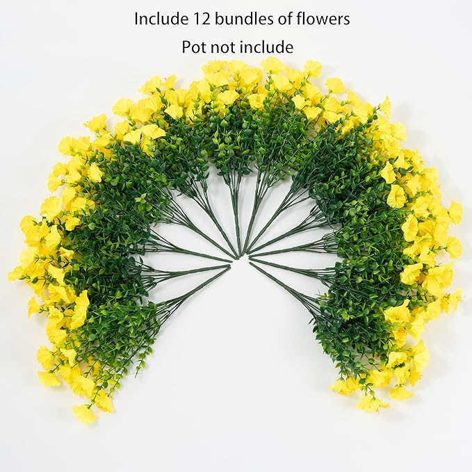 Artificial Flowers for Outdoor Indoor Garden Home Decoration, Faux Flower Daisy with Eucalyptus Leaves Fake Plants Greenery Boxwood Porch Patio, 12 Bundles
