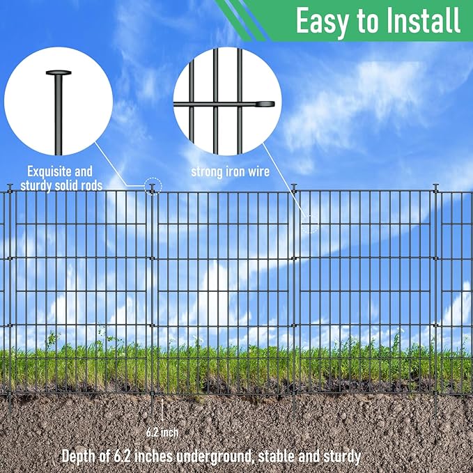10 Panels Garden Fence Dog Fence Outdoor for Yard,24in H x 20ft L Rustproof Metal Fencing with Ground Stakes|No Dig Temporary Animal Proof Containment for Pets/Rabbits|Durable Patio Security Panels