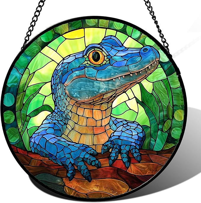 Stained Glass Window Hanging, Blue Alligator Sun Catcher for Window Door Home Decor Green Brown Suncatcher Christmas Mother's Day Birthday Gifts for Women Men Mom and Nana 15 in