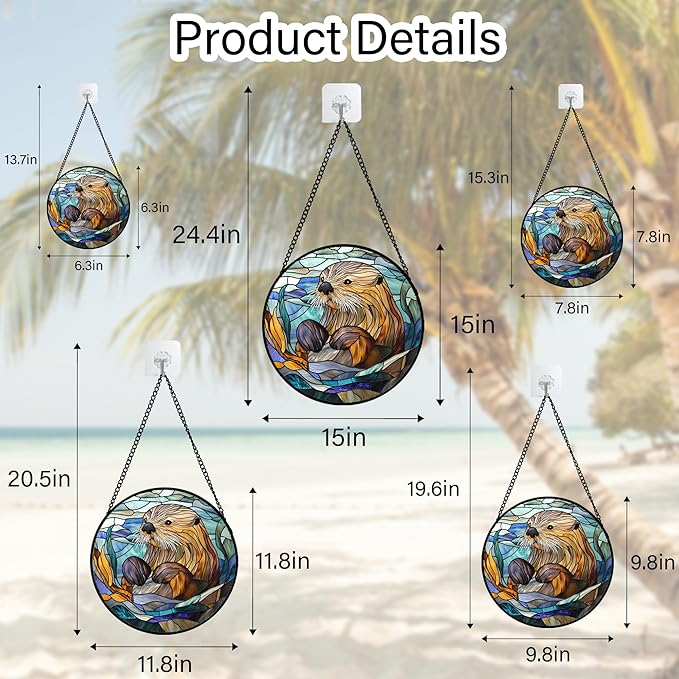 Stained Glass Suncatcher, Blue Ocean Cute Sea Otter Sun Catcher Stain Glass Window Hanging Decoration Mother's Day Birthday Gifts for Women Men Mom Nana 6.3 in