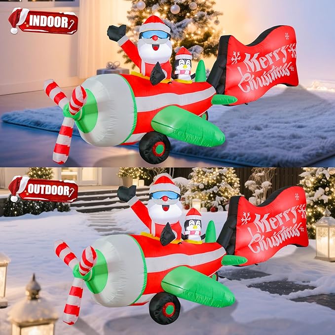 VCUTEKA Christmas Inflatables Outdoor Decorations, 10.5FT Blow Up Airplane Santa Claus and Penguin, Animated Christmas Inflatable Rotating Propeller, LED Light Yard Decoration for Holiday Garden