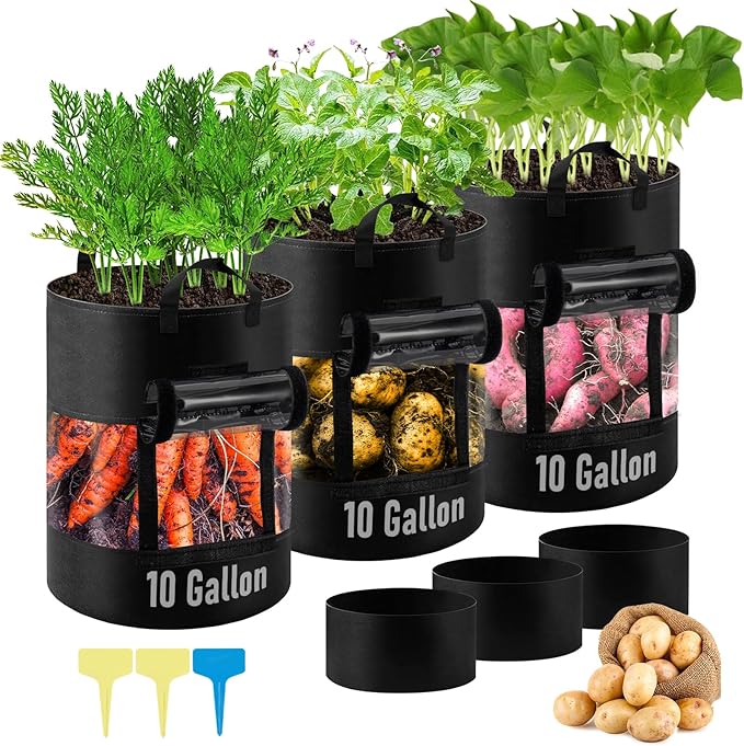 3 Pack 10 Gallon Black Potato Grow Bags with 360° Visible Flap Window,Thickened Potato Planter for Growing Potatoes,320g Heavy Duty Nonwoven Fabric Pots Plant Garden Bags to Grow Vegetables Tomato