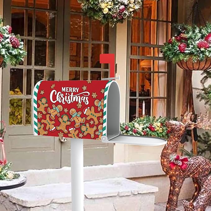 Merry Christmas Gingerbread Man Mailbox Cover Magnetic Standard Size 21" x 19", Red Xmas Decorative Post Letter Box Wrap Decor, Funny Winter Holiday Garden Yard Outdoor Decoration