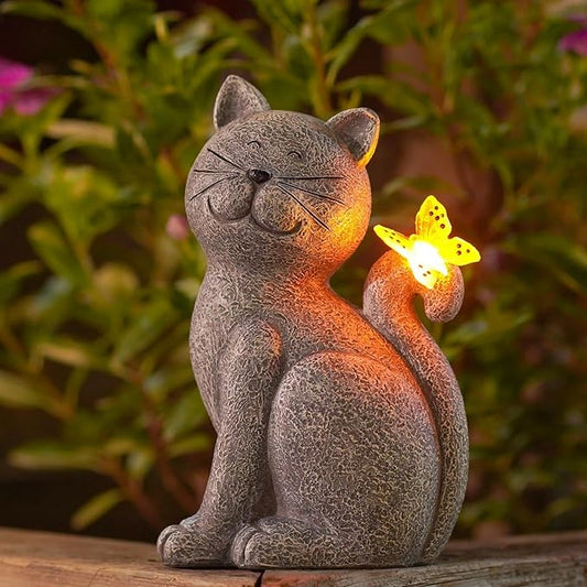 Garden Decor Cat Statues: Outdoor Sculptures with Glowing Butterfly for Lawn Ornaments Yard Art Porch Patio Balcony - Gifts for Mom Grandma Women