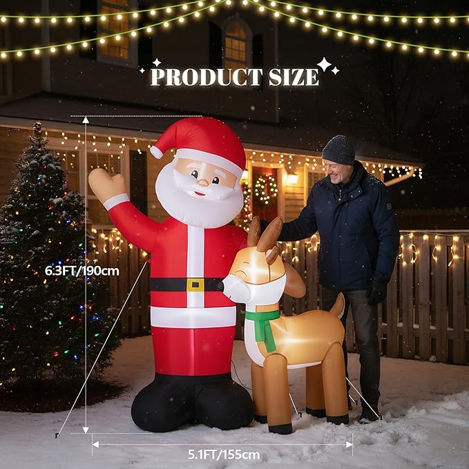 VINGLI 6ft Christmas Santa with Reindeer Inflatable, Inflatable Waving Santa Claus Reindeer Outdoor Decoration with LED Lights,Xmas Blow ups for Lawn, Garden, Holiday Decor