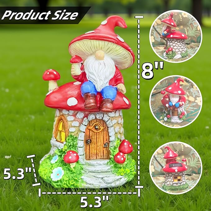 Solar Garden Gnome Decorations Outdoor Statue, 8.3" Fairy Gnomes House Ornaments for Outside, Mushroom Decor for Yard Patio Lawn Proch, Gardening for Women Mom Grandma Kids
