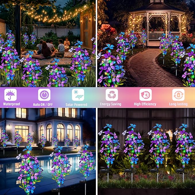 Solar Garden Lights Outdoor, Waterproof 6 Pack Solar Butterfly Lights with 60 LED 12 Butterfly Colorful Lighting for Garden Yard Lawn Outdoor Decor, Gift for Mom Women Mother's Day