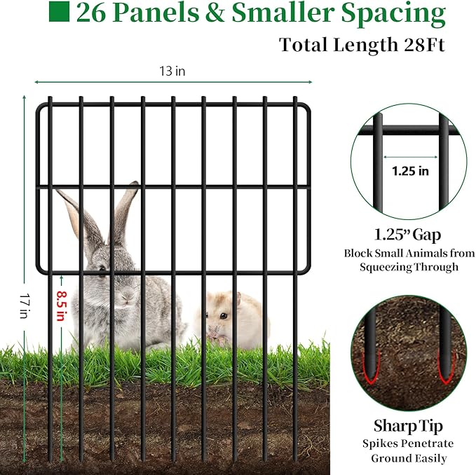 26 Panels Animal Barrier Fence No Dig, 1.25" Gap 28 Ft(L) X 17 in(H) Rustproof Metal Garden Fencing Border Dog Rabbit Under Fence Blocker, Small Wire Bottom Fences for Outdoor Yard Patio Black