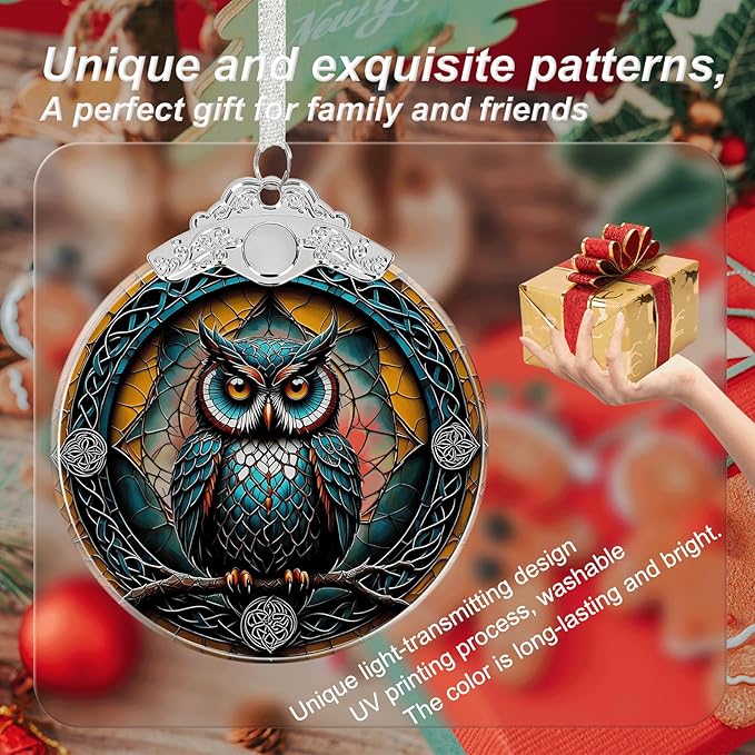 Owl Stained Glass Ornament - Hanging Ornaments for Christmas Tree, Christmas Ornaments Xmas Decorations, Holiday Keepsake Present Exchange Ideas