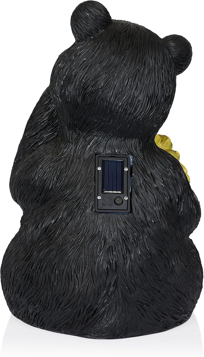 Alpine Corporation 16" H Outdoor Solar Powered Bear Statues with Sunflower LED Light, Brown/Yellow
