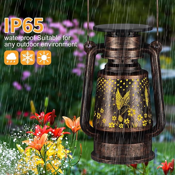 Solar Lantern Outdoor Hanging Vintage LED Waterproof Camping Light with Beautiful Graphics Landscape Decor for Yard,Patio,Porch,Lawn,Tabletop(02 - Hummingbird)