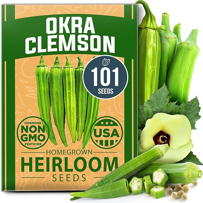 HOME GROWN Clemson Spineless Okra Seeds 101+ Heirloom Vegetable Seeds for Planting Easy to Grow Outdoor Summer Garden High Germination Rate (Abelmoschus esculentus)