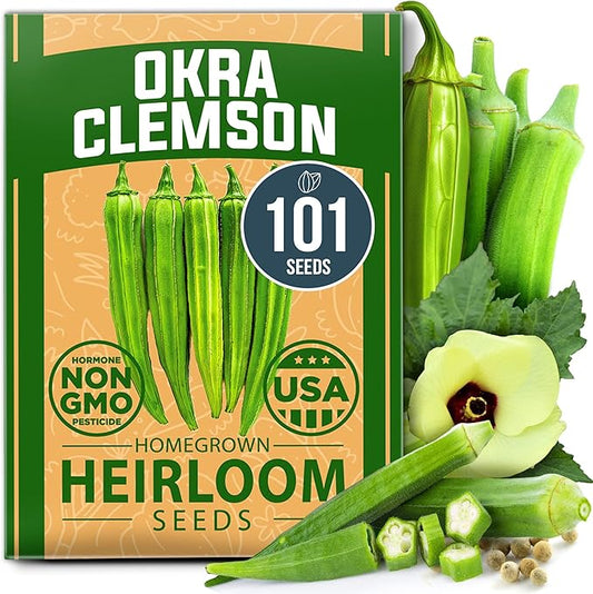 HOME GROWN Clemson Spineless Okra Seeds 101+ Heirloom Vegetable Seeds for Planting Easy to Grow Outdoor Summer Garden High Germination Rate (Abelmoschus esculentus)