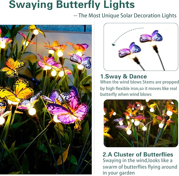 TONULAX Solar Garden Lights - Swaying Butterfly Light, Swaying in The Wind, Solar Outdoor Lights, Yard Patio Pathway Decoration, High Flexibility Iron Wire & Realistic Butterflies(8 Pack)
