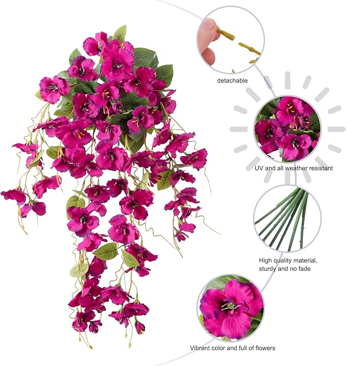 Artificial Hibiscus Fake Hanging Flowers Plants for Outdoors Spring Summer Decor, 4pcs Fuchsia Silk Hibiscus Long Trailing Vines UV Resistant Realistic Faux Flower for Outside Front Door Porch Patio
