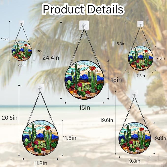 Stained Glass Window Hanging, Green Cactus Suncatcher for Doors Window Home Plant Landscape Sun Catchers Decoration Mother's Day Birthday Gifts for Women, Men, and Mom 7.8 in