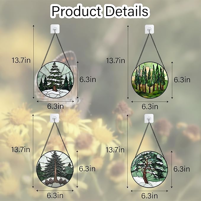 Stained Glass Window Hanging 4 Pcs Set Forest Green Trees Winter Snow 6.3" - Suncatcher Door Garden Sun Catcher Home Decor Birthday Mother's Day for Woman Nana Mom Men