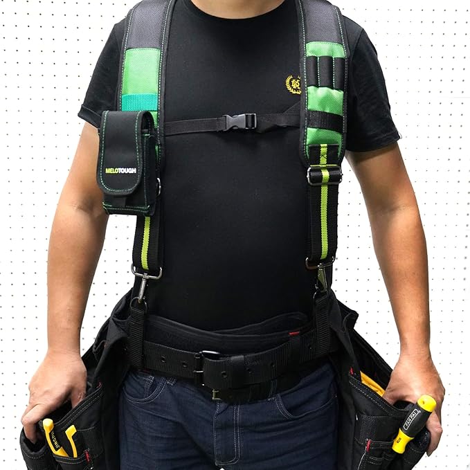 MELOTOUGH Tool Belt Suspenders Construction Work Suspenders with detachable phone holder comfortable foam shoulder padder (Oliver Green)