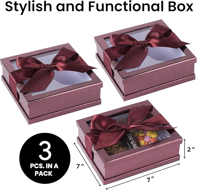 Hammont Clear Boxes for Gifts - Premium Clear Gift Box - Clear Cake Box - Gift Box with Window for Treats, Cupcakes & Baked Goods | 7"x7"x2" (Maroon)