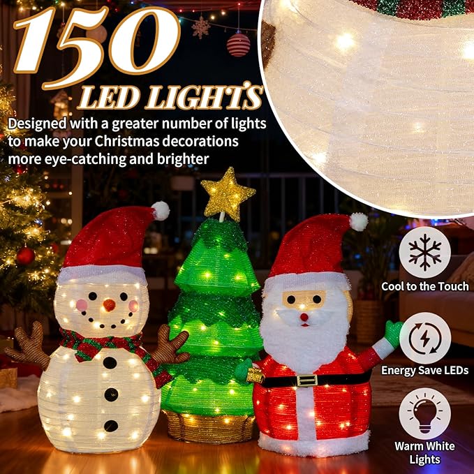 VINGLI 3 Pack 30" 30 Inch Lighted Snowman Santa Claus Christmas Tree Decorations, Prelit Multicolor LED Xmas Yard Lawn Porch Decor for Indoor Outdoor Holiday Winter Christmas Display Set pathway decor