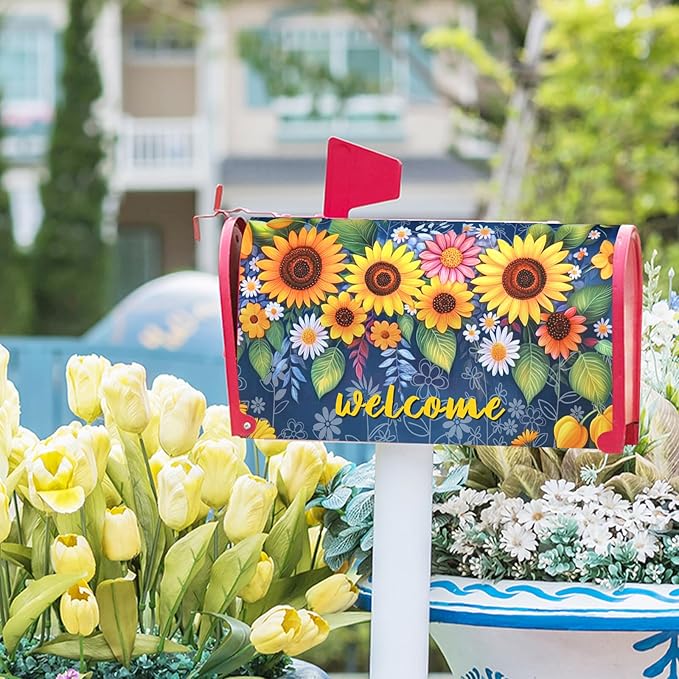 Welcome Flower Magnetic Mailbox Cover Spring Floral Mailbox Cover Magnetic Standard Size 21 X 25.5 Inch Sunflower Mailbox Post Cover Mailbox Wraps Mailbox Decor for Home Garden Outdoor Yard