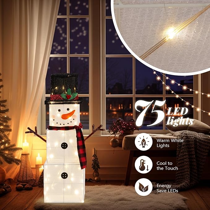 VINGLI 3FT Lighted Snowman Christmas Yard Decorations, Prelit Square Gift Box Snowman with 75 Warm White LED Lights & Stakes, Indoor Outdoor Xmas Lawn Garden Front Porch Patio Holiday Decor Display