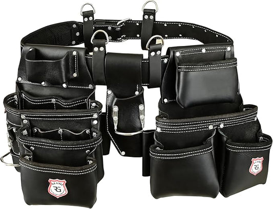 Leather Tool Belt with Adjustable Hook - Premium Heavy Duty Tool Belts for Men with 22 Multi-Purpose Pocket Tool Pouch (Black, Standard), RG-004