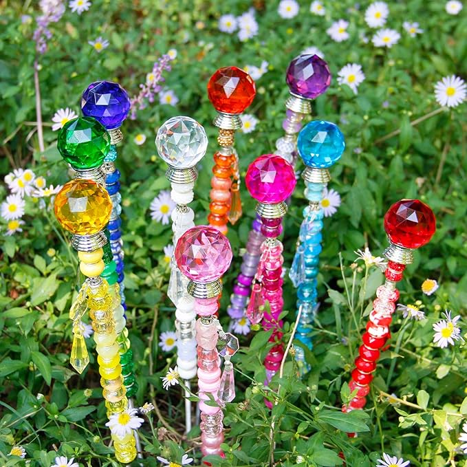 Exway 247 PCS DIY Fairy Wand Beaded Garden Stake Kits with Assortment Large Hole Beads 10 Crystal Stopper Top Threaded Rods and Sparkling Crystal Pendants for Outdoor Indoor Decor