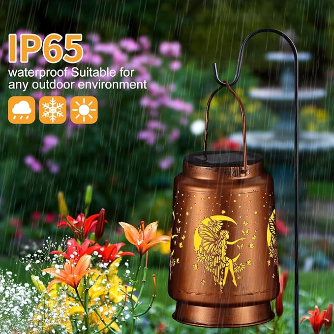 Solar Lantern Outdoor Hanging Waterproof Outside Metal Openwork Hummingbird Pattern Birthday Gifts for Women Mom Landscape Lights for Porch Garden Yard Patio Pathway Decor(Fower Fairy)