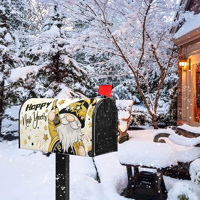 Happy New Year Mailbox Covers Magnetic Standard Size 21x18 Inch Dwarf Black Gold Decorations Mailbox Cover for Outdoor Garden Yard Decor