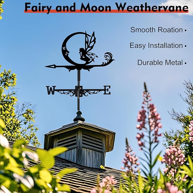 Fairy and Moon Weather Vane, Black Metal Weathervane Roof Mount, Wind Direction Indicators Wind Measuring Tool Outdoor, Wind Vane Ornament Decoration for Shed Garden Yard Farmhouse Patio Decor