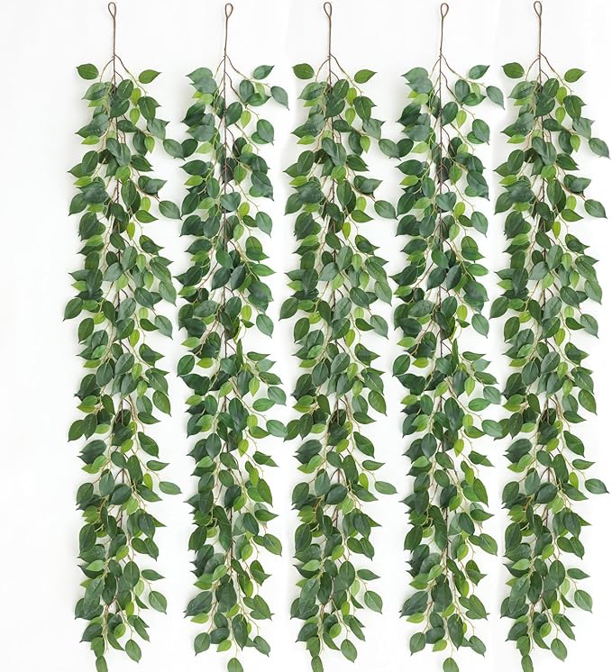 mizii 5 Packs 390" Artificial Vines Ficus Garland Fake Vine Silk Green Leaves Faux Plants Greenery Decoration for Bedroom Room Wall Party Table Centerpieces Wedding Arch Decor