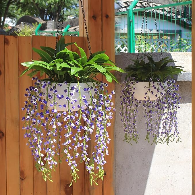 alyptus Hanging Planters for Indoor Plants Fake Flowers - 2-Pack Artificial Hanging Lily of The Valley with Pot - White Faux Flowers in Planters for Indoor Décor