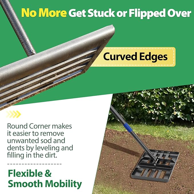 Lawn Leveling Rake, 6 FT Long Lawn Leveler with 17 x 10 Small Rakes Head for Smooth Garss Soil Dirt Sand, High Effect Long Handle Ground Leveling Tool with Round Edge for Yard Garden, No Flip