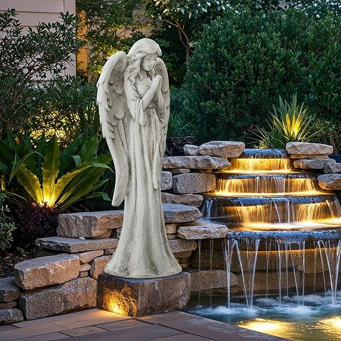 Praying Angel Statue for Outdoor Garden, 31 Inch Large Heavenly Memorial Sculpture,Durable MGO Stone Standing Angels for Yard, Patio or Cemetery Decor,Offering Comfort & Peace, Antique White