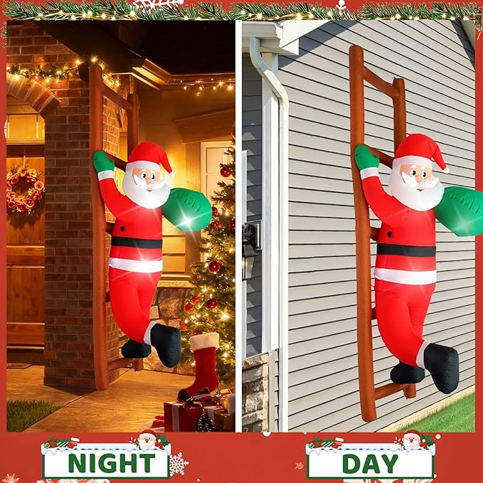 8FT Santa Claus Climbing on Ladder Christmas Decoration with Built-in LED Lights, Christmas Outdoor Inflatable Decoration for Lawn, Yard, Garden, Patio