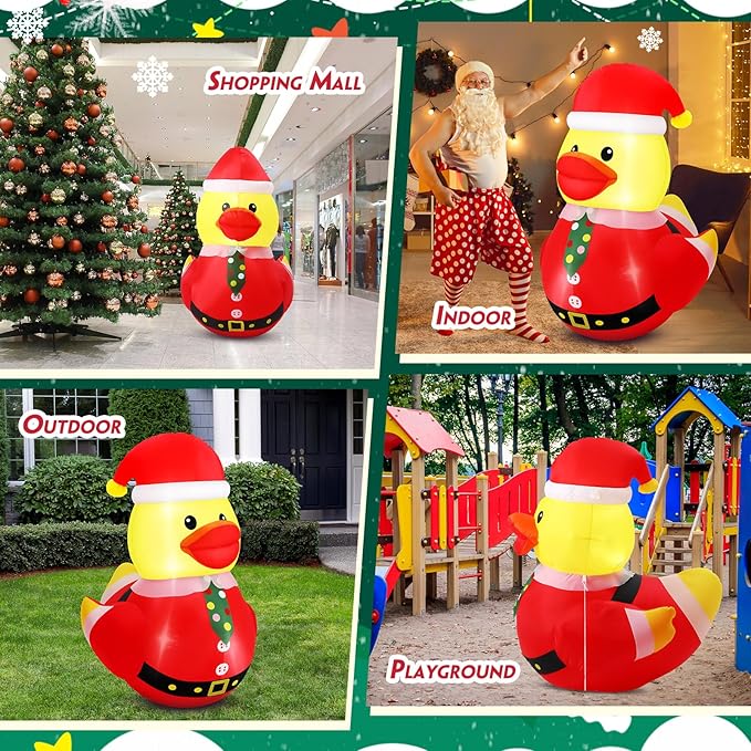 Leyndo 2 Set 5FT Christmas Inflatables Duck Decoration Outdoor Giant Blow Up Duck with Build-in LEDs Lights Wear Xmas Hat Santa Claus Costume for Mall Garden Patio Lawn Indoor, Funny Christmas Decor