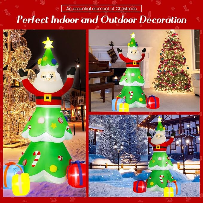 8-Foot Christmas Tree Outdoor Yard Inflatable Decoration with Christmas Santa Claus Decorations (with LED Lights), Includes Gift Box, Perfectly Suitable for Christmas Holiday Lawns and Garden Parties
