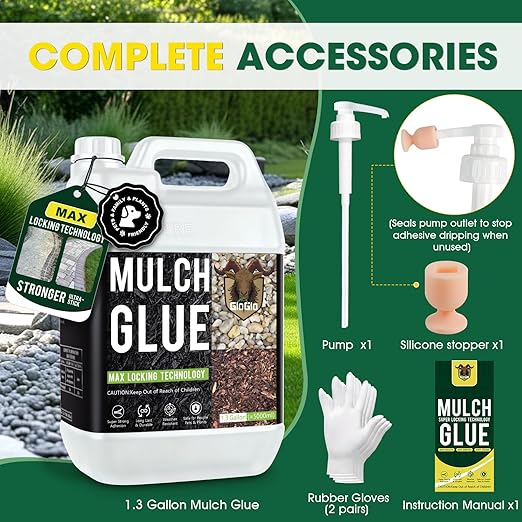 GloGlo 166OZ Mulch Glue for Landscaping Rock Glue No Dilution Needed Strong Adhesion of Rocks, Gravel & Mulch, Non-Toxic, Fast-Drying & Weather-Resistant Gravel Binder for Pebble, Pine Straw