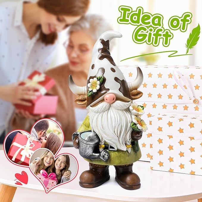 Outdoor Gnomes Statue, Garden Farm Cow Gnome Figurine, Gnomes Decorations for Outside, Farm, Yard, Lawn, Cow Decor for Home, Table, Shelf, Spring Gnome Funny Elf Gifts for Women