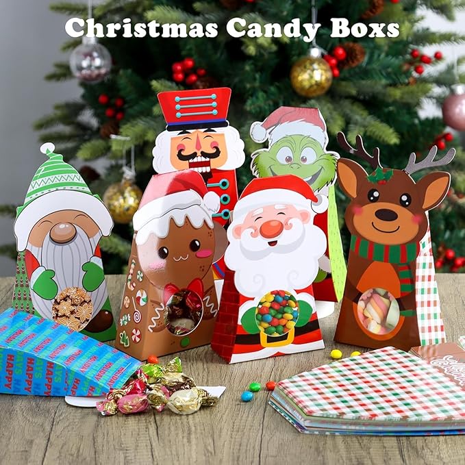 Giiffu 54-Pack Christmas Treat Boxes with Clear Window, 9 Assorted Holiday Designs Small Candy & Goodie Boxes for Classroom Gifts, Party Favors & Holiday Treat Wrapping (7.5 x 4 x 2 Inches)