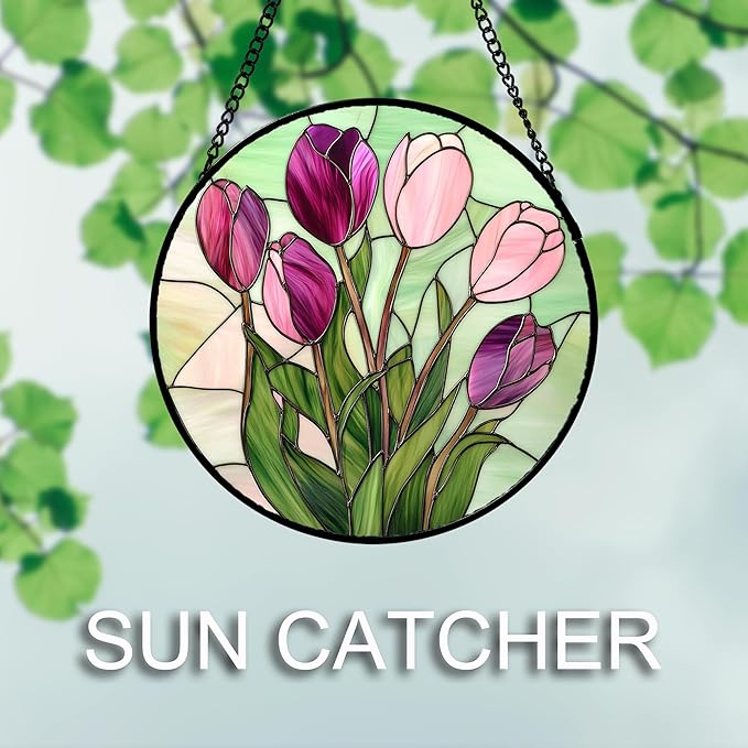 Stained Glass Window Hanging 4 Pcs Set Tulips Plum Flower Daffodils Hyacinths 7.8" - Suncatcher Door Garden Sun Catcher Decor Birthday Mother's Day for Mom Woman Nana