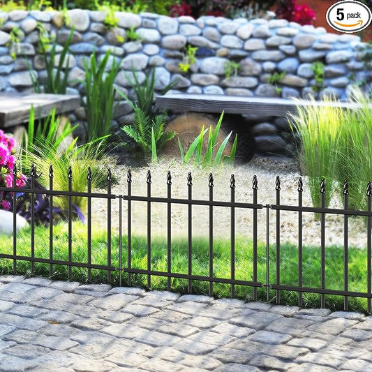 Decorative Metal Garden Fence 18 in H x 10 ft L, Small Border Roman Column Deco, Barrier Fencing for Yard Flower Bed Lawn Landscape Outdoor, 5 Panels + 6 Stakes Black
