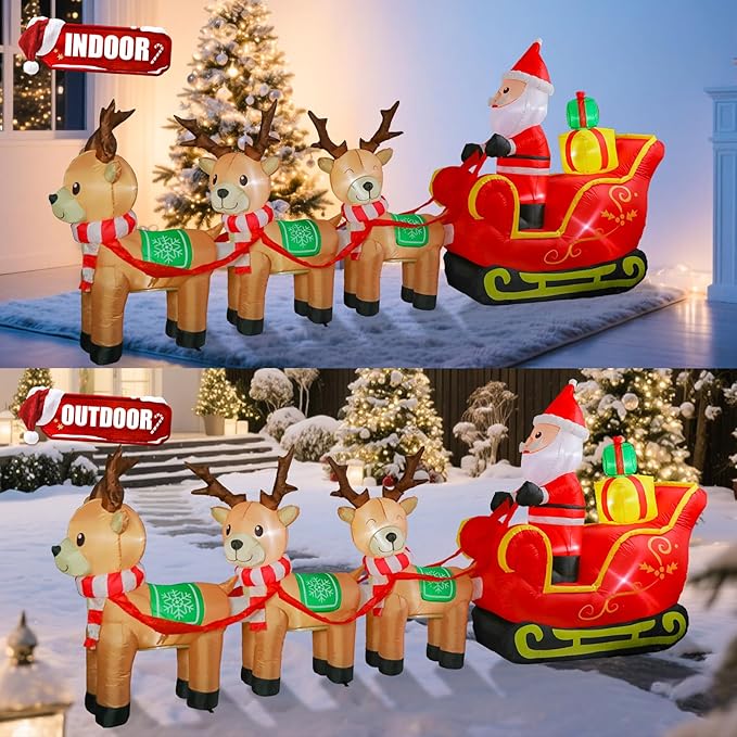 VCUTEKA Christmas Inflatables Outdoor Decorations, 12FT Blow Up Santa Claus Sleigh with Reindeer and Gifts, Animated Christmas Inflatable Yard Decoration with LED Lights for Holiday Lawn Garden Décor