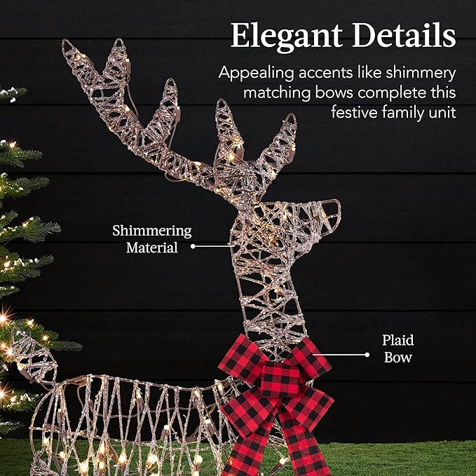 Best Choice Products 4ft 3-Piece 2D Lighted Christmas Deer Family Set, Large Outdoor Yard Reindeer Holiday Decoration with 175 LED Lights, Stakes, Zip Ties - Rattan