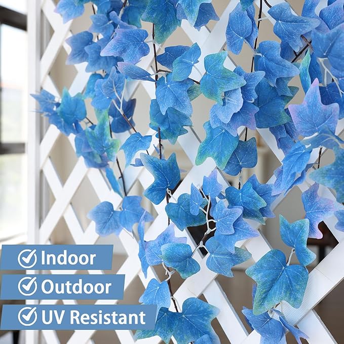 Mizii 3 Strands Artificial Vines Blue Ivy Garland 74" Fake Vine with Silk Leaves Faux Hanging Plants Greenery Decoration for Outdoors Wedding Party Indoor Bedroom Home Wall Room Decor (Blue)