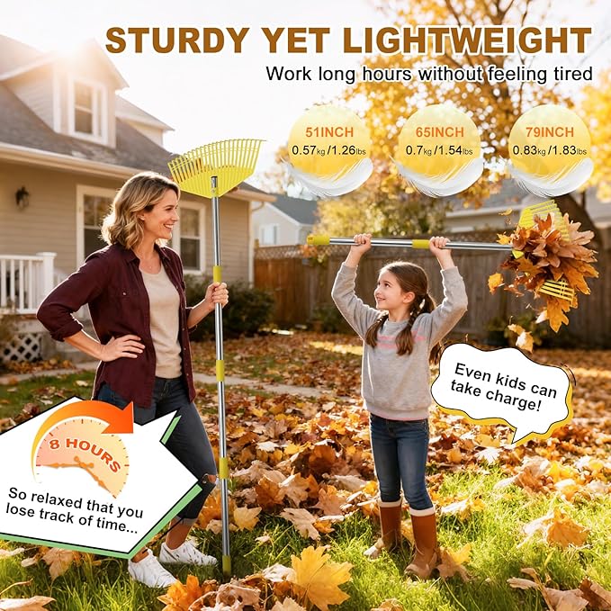 Garden Rake for Leaves - Extra Wide 17" Leaf Rake,Lightweight Long Handle for Women Seniors Kids Effortless Clean-Up,23 Non-Clog Flexible Tines for Lawn-Friendly,65” Adjustable Plastic Rakes for Yard